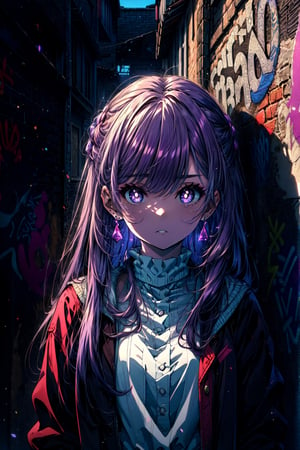 masterpiece, best quality, absurdres, perfect anatomy, 1girl, solo, FernFrieren, very long hair, purple eyes, (purple pupils), earrings, sharp eyes, choker, neon shirt, open jacket, turtleneck sweater, night, against wall, brick wall, graffiti, dim lighting, alley, looking at viewer, upper body, portrait,