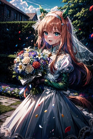 masterpiece, best quality, highres, aasuzuka, long hair, animal ears, ear covers, white hairband, horse tail, , garden, wedding dress, white gloves, lace, smile, holding bouquet, open mouth, confetti, flower, petals