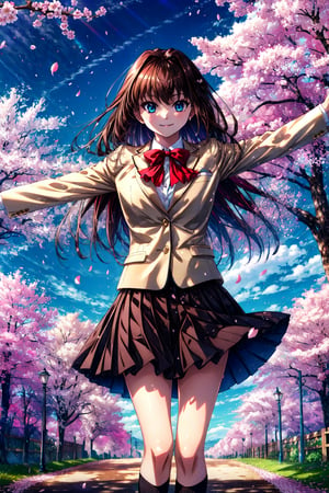 masterpiece, best quality, highres, bbaoko, long hair, brown hair, school uniform, red bow, blazer, brown jacket, black skirt, black socks, , cherry blossoms, outdoors, cowboy shot, standing, smile, outstretched arms,