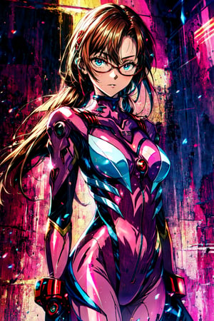 (masterpiece, best quality), 1girl,  makinami_mari_illustrious, glasses, plugsuit, bodysuit, red-framed eyewear, pink bodysuit