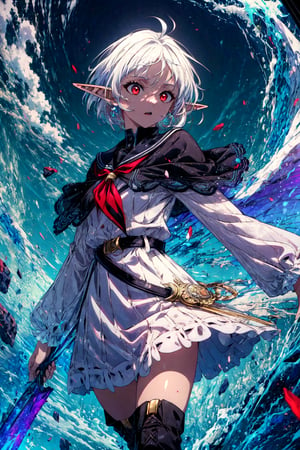 masterpiece, best quality , (red eyes:1.2), white hair, (Sylphiette:0.8), (short hair:0.8), ahoge , white dress, long sleeves, elf ears, floating hair, short white European sundress with black trim, white puffy long sleeves, tan wicker belt , sailor collar black , white knee high boots , (green adventuring shawl:1.2), 4k, 8k , hyper-detailed, realistic light, unity, hard lighting, intricate details, stop motion, hyperfocus, tonemapping, sharp focus, hyper detailed, scary, zoom out, villian, colorful, beautiful, vibrant colors, intricate details, elegant, sharp focus,