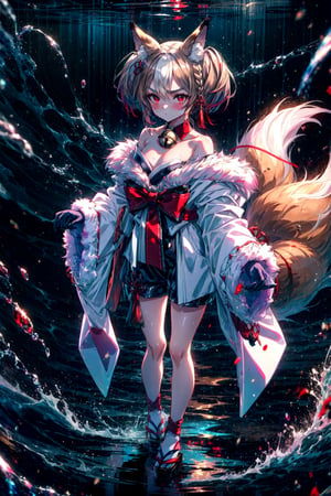 1girl, standing, full body, (highres, realistic, best quality, masterpiece, ultra-detailed, textured, ambient lighting, cinematic lighting), animal ears ,1girl , fox ears ,bangs , red eyes , multicolored hair , twintails , animal ear fluff ,brown hair , hair ornament ,bell , solo , looking at viewer ,braid ,neck bell , fox girl , jingle bell ,gloves , fur trim , ribbon ,two-tone hair ,japanese clothes ,off shoulder ,bare shoulders ,collar ,bow ,long sleeves , streaked hair ,blush , black gloves , tail ,white hair , fox tail , kimono ,wide sleeves , red bow , red ribbon ,multiple tails , red hair , collarbone , hair ribbon , short hair , choker , socks , shorts , ribbon trim , sash , black shorts , rope , small breasts , white kimono , fur-trimmed sleeves , tabi , black footwear , black socks , gradient hair , v-shaped eyebrows , dress ,sandals , hair between eyes , obi , medium hair , grey hair , thick eyebrows , short twintails , strapless , sweat , shimenawa , outdoors , fur-trimmed kimono kitsune, cloth, satin, silk, fur,