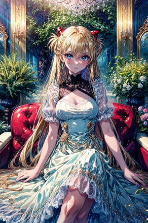 (masterpiece, best quality, detailed), 1girl,souryuu asuka langley,solo, a fancy frilly dress. She is likely to be found in a grand ballroom or a luxurious garden party, surrounded by other aristocrats. Her dress is of the finest quality, with frills and lace adorning every inch. She exudes an air of elegance and refinement, with a regal bearing that hints at her privileged upbringing. Despite her privileged position, there is a hint of playfulness in her demeanor, and a sparkle in her eyes that suggests she is not entirely bound by the strict conventions of her social class.