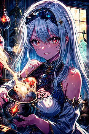masterpiece,best quality,highres,cinematic lighting,dramatic angle,1girl,white hair,hairband,looking at viewer,glowing eyes,red eyes,white dress,bare shoulders,tassel,layered dress,detached sleeves,,upraised eyebrows,parted lips,evil smile,black ribbons,portrait,holding potion,pouring liquid to a boiling pot,atelier,at laboratory,Biological samples soaked in glass jars,,shaded face,a big pot of poison,feathers,steamy,screaming soul like smoke,illusion neckline,