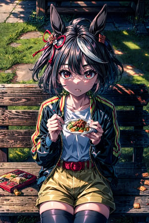masterpiece, best quality, highres, bbkitasan, animal ears, short hair, streaked hair, hair ornament, horse tail, casual, collarbone, black jacket, white shirt, print shirt, belt, yellow shorts, black thighhighs, aged down, , sitting, bench, outdoors, food, eating