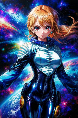 masterpiece, best quality, 1girl, looking at viewer, one piece, namiOP, floating hair, space, spacesuit, latex bodysuit, solo,