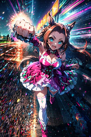 masterpiece, best quality, kawakami princess \(umamusume\), open mouth, smile, (eye trail, light trail:1.2), incoming punch, punching, ear ornament, pink dress, bare shoulders, cleavage, sleeveless dress, detached sleeves, pink sleeves, white thighhighs, pink footwear, boots