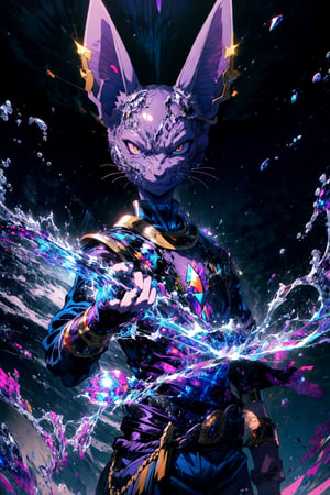 high quality, masterpiece, realistic, anthropomorphic cat, beerus, cat head, purple skin, black top, blue pants, purple belt,egyptian clothing, jewelery, long ears, athletic body, park, outdoors,medium shot portrait, hand raised up, holding purple electricity, hand glowing purple, aura, reflective light, looking at camera, serious,