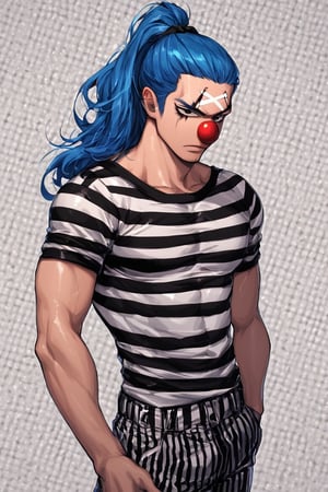 score_9, score_8_up, score_7_up, source_anime, solo, 1boy, Buggy, blue hair, black eyes, ponytail, clown nose, clown makeup, prisoner outfit, black and white striped shirt, black and white striped pants, annoyed, arms down at sides, pectorals, man, portrait, close up, standing, patterned background