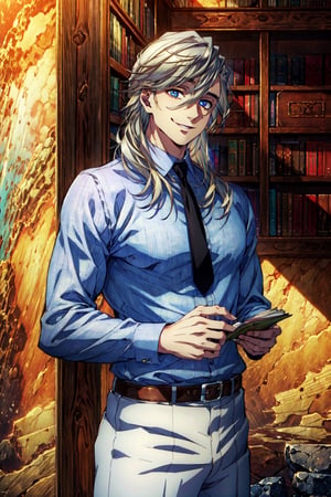 Douma, ((best quality)), ((masterpiece)), official art, detailed background, sharpness, (realistic:1.3), (perfect face), beautiful scenery, 1man, looking at viewer, cinematic lighting, smile, handsome face, beautiful skin, long silver blond hair, ((cowboy shot)), (rainbow eyes), , , formal, black necktie, white shirt, black trouser, library