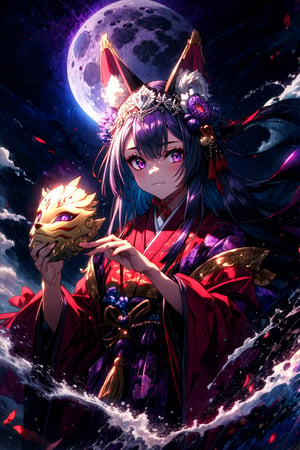 masterpiece,best quality,highres,cinematic lighting,dramatic angle,1girl, ,animal ears,black hair,japanese clothes,obi,looking at viewer,:3,holding mask,tails,long sleeves,fingernails,moon,night,hair ornament,holding,purple flames,glowing purple eyes