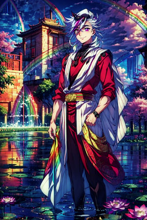 best quality,PIXIV, Douma, 0.8, (rainbow eyes::1.5), fire,1man standing in front of a lotus garden, long blond silver hair, smiling, cow-boy shot, sky red,lotus garden,