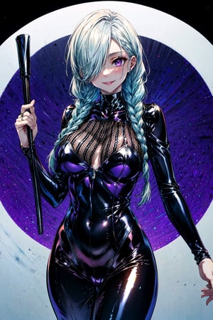 masterpiece, best quality, simple background, meidef, 1girl, solo, looking at viewer, cowboy shot, purple eyes, long hair, braid, single braid, braided bangs, white hair, grey hair, hair over one eye, braided ponytail, evil smile, large breasts, latexconcept, bodysuit, latex bodysuit, black bodysuit, shiny clothes, shiny, latex, skin tight,Circle