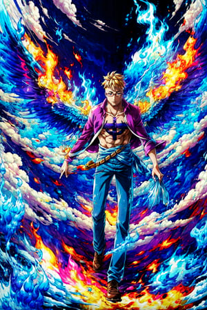 marco_base, 1 boy, purple shirt, open shirt, glasses, short blonde hair, blue pants, blue fire, blue flame, wings