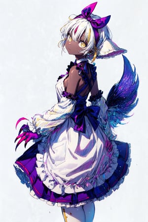 faputa looking at viewer, 4arms, curious expression, yellow eyes, ears down, white eyelashes, faputail, top arms out, fapuclaws, fapuhooves, bottom arms out, legs together, holding skirt, simple background, white background, dress, bow, closed mouth, standing, full body, hairband, frills, alternate costume, looking back, from behind, apron, from side, frilled dress, bright pupils, furry, frilled apron, purple bow, back bow, frilled hairband digital illustration,