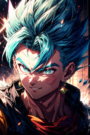 RAW photo, (high detailed skin, detailed eyes:1.1), intricate details, best quality, 8k uhd, soft lighting, Vegetto,  (male:1.2), , earrings, jewelry, white gloves, spiked hair, dougi, smile, blue hair, green eyes, super saiyan