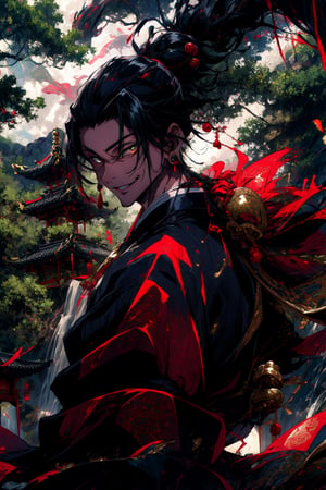 1boy, solo, black hair, getou suguru,Chinese martial arts style,with vast sky,continuous mountains and steep cliffs,outline light,atmospheric atmosphere,depth of field,mist rising,bamboo,pine trees,stone pavilions,waterfalls,qilin \(mythology\),monster,

(masterpiece:1.2, best quality), (finely detailed beautiful eyes: 1.2),1man, 1boy, (extremely detailed CG unity 8k wallpaper, masterpiece, best quality, ultra-detailed, best shadow), (detailed background), (beautiful detailed face, beautiful detailed eyes), suguru geto , (japanese clothes:1.1), kesa, black kimono, earrings, smiling, male focus, looking at viewer,High contrast, (best illumination, an extremely delicate and beautiful),(simple backround, outdoors), cowboy shot