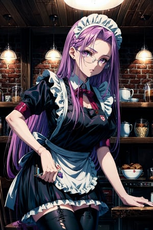 masterpiece,best quality,1girl,MedCas,purple hair,very long hair,purple eyes,glasses,pants,sweater,gradient,frills,apron,black dress,white thighhighs,puffy short sleeves,parted bangs,maid,maid headdress,forehead,maid apron,cafe,