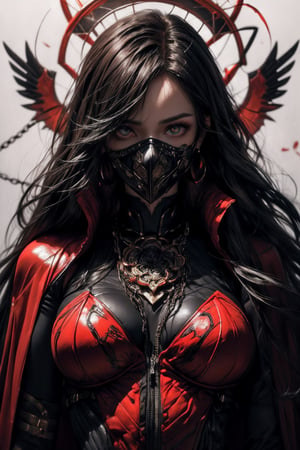 (masterpiece,(detailed face and eyes:1.3),,oda_biig,large breasts,red eyes,black bodysuit,red hair,chain,collared cape,,white background,inkUltra-detail,(highres:1.1),best quality,(masterpiece:1.3),cinematic lighting, best quality, photorealistic,  beautiful and aesthetic:1.3), (1girl:1.2) , [skeleton], [mechanical], (dynamic pose:1.2), bangs, black roses, thorns, wires, Caples, mask, ( zentangle:1.2), dangerous, serious, awe inspiring,  (abstract background:1.1), kinetic art, elegance, delicacy, long black hair, neon eyes, ethereal background,full body, ,oda_smoll,perfecteyes
