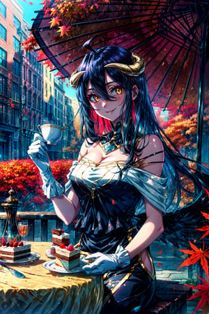 masterpiece, best quality, albedodef, ahoge, horns, slit pupils, dress, hip vent, white gloves, black wings, bare shoulders, sitting, table, city street, parasol, cake, looking at viewer, tea, autumn, smile 
