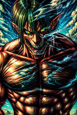  cloud, smoke,  Attack_titan, teeth, black hair, green eyes, glowing eyes, pointy ears, glowing, muscular, sharp teeth, brown hair, abs, giant, smoke,CLOUD