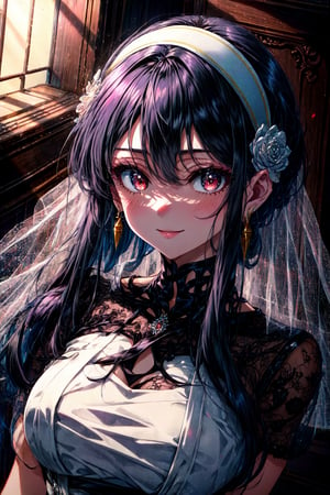 black wedding dresses, red eyes, black hair, earrings, white Hairband, fringe over forehead, 4k,best quality,masterpiece,20yo 1girl, alluring smile, head ornaments (Beautiful and detailed eyes), Detailed face, detailed eyes, double eyelids ,thin face, real hands, muscular fit body, semi visible abs real person, color splash style photo ,ybv1,wedding dress