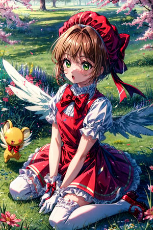 masterpiece, best quality, highres, kinomoto sakura, 1girl, brown hair, short hair, antenna hair, red headwear, green eyes, frills, red dress, puffy short sleeves, white gloves, red bow, white thighhighs, wings, , field, :o, wariza, grass, kero