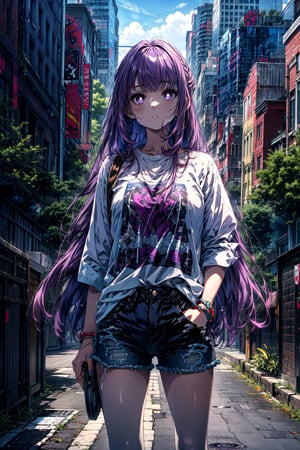 masterpiece, best quality, absurdres, perfect anatomy, 1girl, solo, FernFrieren, very long hair, purple eyes, (purple pupils), t-shirt, denim shorts, standing, outdoors, city, hands in pockets,