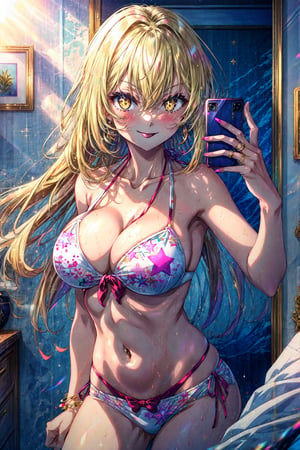 score_9, score_8_up, score_7_up, score_6_up,source_anime, BREAK, shokuhou misaki, sparkling eyes, 1girl, large breasts, white bikini, blonde hair, long hair, tongue out, cleavage, looking at viewer, yellow eyes, blush, navel, collarbone, looking into mirror, smile, selfie, star print, tongue out, o-ring bikini, thighs, bedroom, indoors, finger on own cheek, eyelid pull, tongue out, hair between eyes