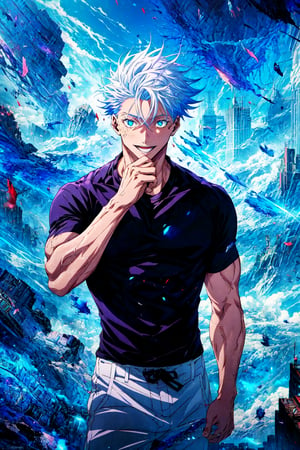 1 boy, edge light, Gojo Satoru, powerful sorcerer, tight black t-shirt, loose white pants, bright blue eyes, white hair, happy, city background, Jujutsu Kaisen, mix of fantasy and realism, special effects, fantasy, ultra HD, HDR, 4K,