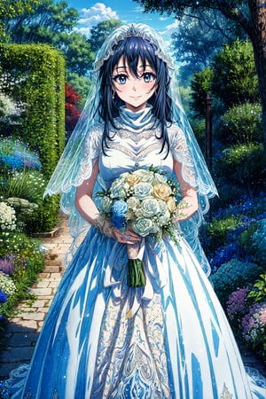 masterpiece,best quality,highres,ultra-detailed,aashizue,grey eyes,long hair,,(wedding dress:1.2),white dress,(veil:1.2),garden,smile,outdoors,standing,cowboy shot,holding bouquet,