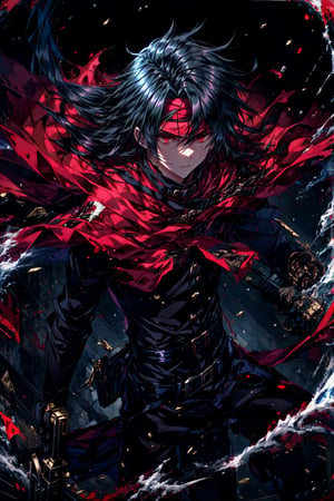 absurdres, ultra detailed, 1boy, , long black hair, red eyes, red cloak, red headband, holding weapon, revolver, torn cloth