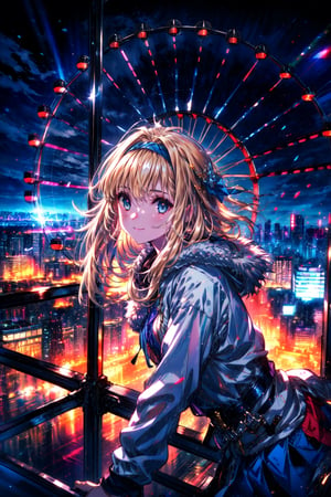 masterpiece,best quality,highres,cinematic lighting,dramatic angle,1girl,, blue eyes,blonde hair,hairband,portrait,blue shawl,fur-trimmed,coat,white shirt,blue skirt,tilted head,crowd,happy,shiny,Ferris wheel,skiing,skating,upper body