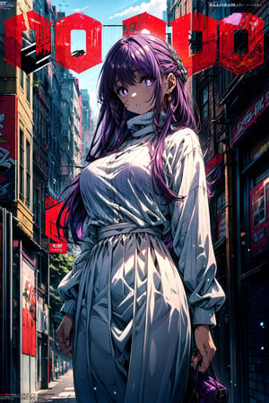 solo, (((magazine cover))), Streetwear outfit, winter fashion, 1girl dress lift, english text, 1girl, solo, FernFrieren, very long hair, purple eyes, (purple pupils), sweater, ribbed sweater, long sleeves, high-waist pants, outdoors, city, large breasts, , 
