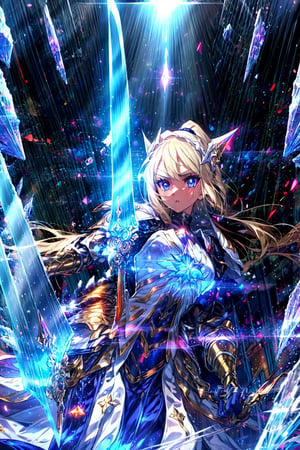 masterpiece,best quality,highres,1girl, ,armor,glowing,holding weapon,(extremely long and wide crystal glowing sword:1.2),glowing particles,holy light,dynatic angle,cinematic lighting,lens flare,,serious,mid shot,tilting