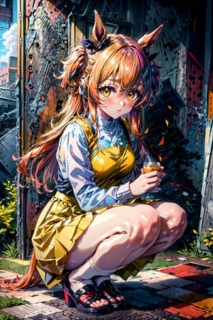 ultra-detailed, high resolution, extremely detailed cg, anime picture,(masterpiece, best quality:1.4), illustration ,1girl, mayacas, (embarrassed), orange hair, horse ears, yellow vest, medium breasts, long sleeves, yellow skirt, socks, panties, squatting,