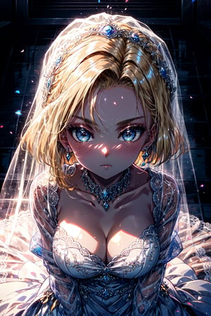 android18, 1girl, solo, breasts, looking_at_viewer, short_hair, blue_eyes, blonde_hair, cleavage, jewelry, medium_breasts, bride, veil, closed_mouth, long_dress, from_above, wedding_dress,