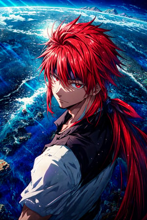 masterpiece, best quality, , 1boy, solo, male focus, looking at viewer, upper body, , , guy_crimson, red eyes, red hair, long hair, , neverland: A lost island where children can stay forever young, 12k resolution