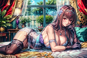 masterpiece,best quality,1girl,solo,mature female,scathach skadi \(fate\),LancerCos,RoyalIcingDress,gloves,naughty smile,blush,(all fours),luxury villa interior,bedroom,