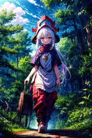 (by kame 3:0.6), (by kemokin mania:0.4), outdoors, forest, foliage, standing BREAK nanachi, narehate, white hair, horned helmet, headdress, pants, smile, looking at viewer