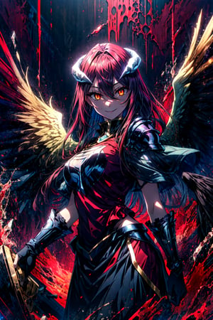 albedooverlord,standing,masterpiece, best quality, highres, al1, demon horns, slit pupils, black wings, feathered wings,dark red background,houlder armor,pauldrons,view from below,smile,boold,simple background,