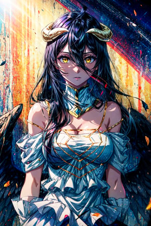 //Quality, masterpiece, best quality, detailed ,//Character, 1girl, solo ,//Fashion, ,//Background, ,//Others, ,albedo \(overlord\), 1girl, long hair, black hair, hair between eyes, yellow eyes, horns, ahoge, white gloves, white dress, bare shoulders, detached collar, cleavage, slit pupils, black wings, feathered wings, low wings