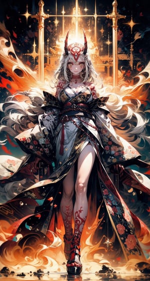 masterpiece,1girl, ibaraki_douji , smile, (fire), rope, over shoulder, weapon over shoulder, sword, holding sword, hair ornament, yellow kimono,cleavage, very long hair, japanese clothes, wide sleeves, off shoulder, floral print, beads, sash, bare legs, sharp fingernails, floating hair,