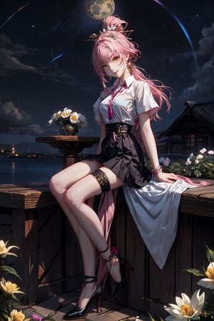 masterpiece, best quality, , 1girl, long hair, pink hair, solo, sitting, forehead mark, flower, full body, facial mark, high heels, looking at viewer, bangs, white flower, moon, black footwear, breasts, hair ornament, fish, smile, very long hair, closed mouth, yellow eyes, bare legs, skirt, ponytail, night, legs, high-waist skirt, thigh strap, long sleeves, white shirt, night sky, dress, pointy ears, thighs, full moon, sky, short sleeves, toe
负向提示
text,username,logo,(low quality, wors