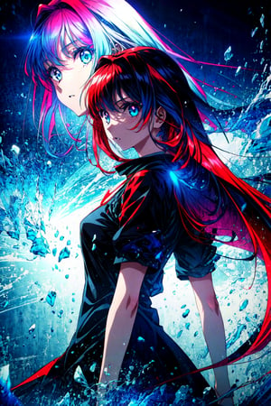 aozaki aoko, 1girl, red hair, long hair, blue eyes, silhouette, glowing eyes,