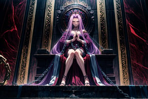 masterpiece, best quality,1girl, medusa (rider) (fate), chain,long hair, medusa (fate), purple hair, forehead mark, solo, facial mark, weapon, yellow eyes, chain, very long hair, looking at viewer,(kbxll:0.5), , sitting on the throne,fate/stay background,fantasy,art