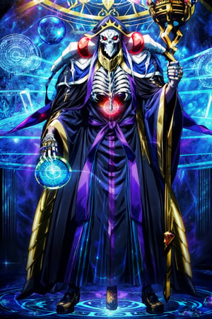 High quality, ,(Beautiful), ((masterpiece)),vibrant colors, AinzRobes, rings, 1boy, (solo), male focus, jewelry, no humans, cloak, ((gold gem staff)), hood, robe, glowing red eyes, standing, bone, glowing, wide sleeves, orb, skeleton, full body, skull, (((magic, making a gigantic glowing magic circle)))