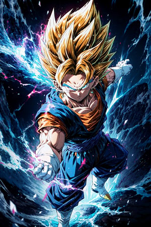 from above,one boy focus, vegetto, super saiyan, looking at viewer,fighting stance, flying, blonde spiked hair, blue eyes, dougi, white boots, white gloves, pectorals, surrounded by yellow lightning, dramtic lighting,