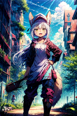 1girl, solo, furry, fluffy, brown fur, short hair, nanachi \(made in abyss\), long hair, animal ears, tail, yellow eyes, hoodie, boots, baseball cap, hand on hip, :3, open mouth, standing, looking at viewer, outdoors, city 