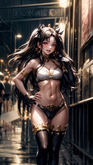 best quality, (masterpiece:1.2), detailed, blurry background,, ishtar,1girl, solo, open mouth, light smile,black hair, red eyes, two side up, black ribbon, crown, hoop earrings,white bikini top, black bikini bottom, gold trim, elbow gloves, thighhighs, asymmetrical legwear,standing, hand on hip, looking at the viewer,outdoors, desert